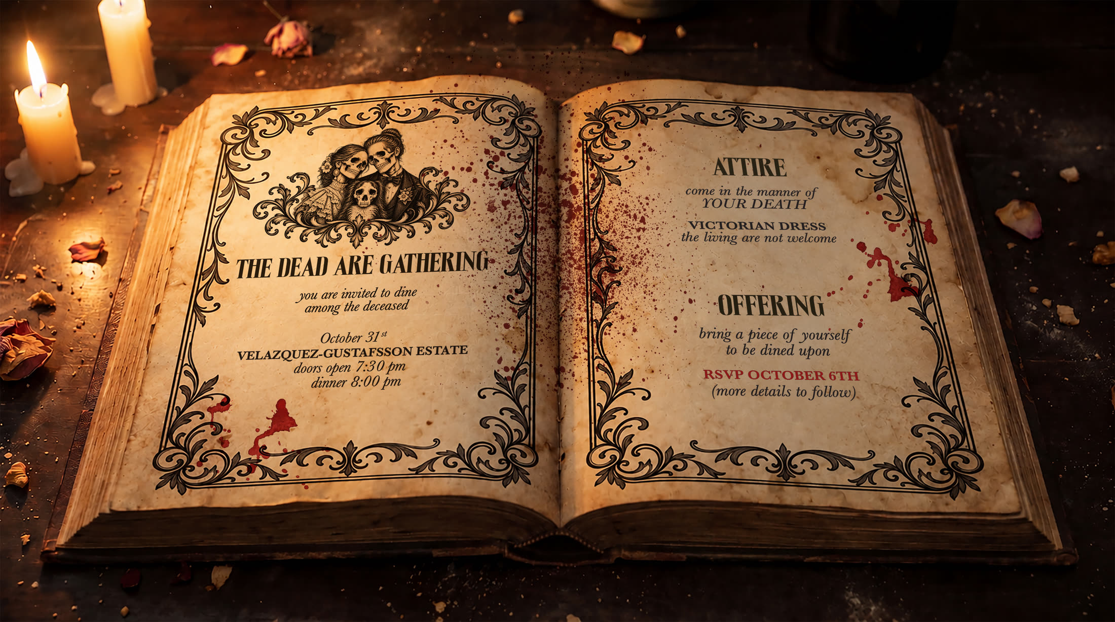 An open book. The dead are gathering: you are invited to dine among the deceased, 31 October at the Velazquez-Gustafsson estate, doors open 7.30pm, dinner 8pm. Attire: come in the manner of your death, Victorian dress, the living are not welcome. Offering: bring a piece of yourself to be dined upon, more details to follow. RSVP by 6 October.